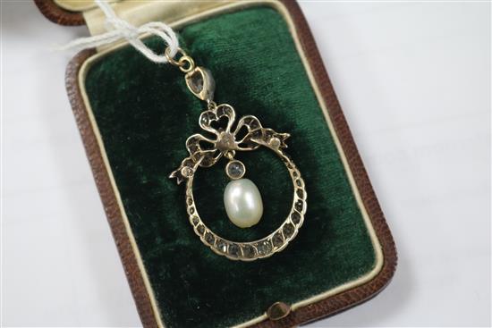 A Victorian gold and silver, cultured? pearl and diamond set drop openwork pendant, in fitted box, 40mm.